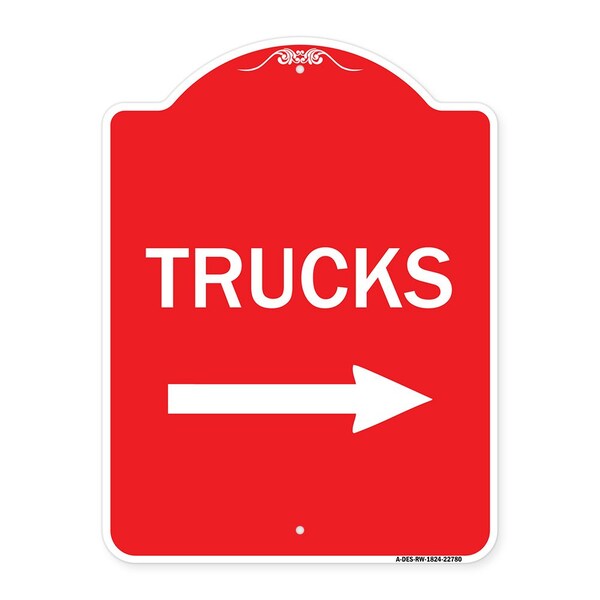 Trucks Sign Trucks W/ Right Arrow, Red & White Aluminum Architectural Sign, 18" x 24", RW-1824-22780